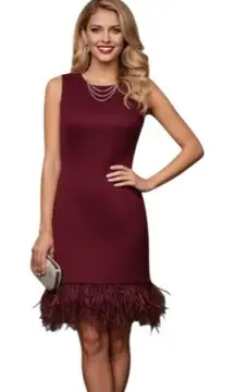 Maia Burgundy Feather Trim Mini Cocktail Dress 2 Sheath Stretch Flirty Fun