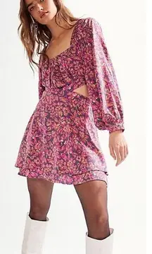 Free People NWT  Jael Puff Sleeve Cut Out Floral Print Mini Dress Pink Women XS