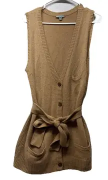 James Perse Sz 3 100% Cashmere Long Cardigan Sweater Tie Belt Sleeveless Tan