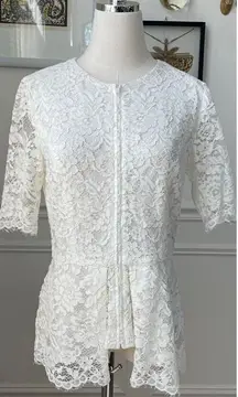 Neiman Marcus White Lace Short Sleeve Full Zip Top Cardigan 6