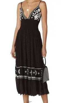 Area Stars Callie Midi Dress Embroidered Bohemian Cotton Black & White Boho sz M