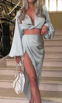 TOSCA SAGE SILKY SATIN PLUNGE BLOUSON TOP & CONSTANCE SAGE SILKY SATIN DRAPED SKIRT set in sage