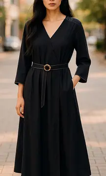 Gibson * Latimer Womens Dress Sz S‎ Navy Blue Faux Wrap Belted 3/4 Sleeve New