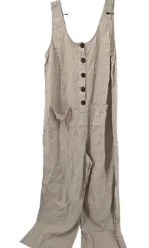 MARINE LAYER Linen Blend Striped Wide Leg Jumpsuit Tan White Button Front Medium