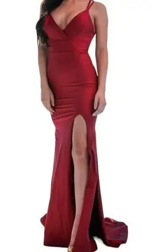 Jessica Angel 314 V-Neck High Leg Slit Strappy Back Gown Dark Red Size Small NWT