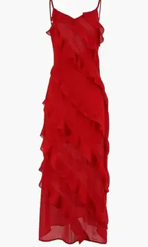 COMMENSE Semi-Sheer Ladder Ruffle Zippered Long Dress Color: Red SIZE small NWT