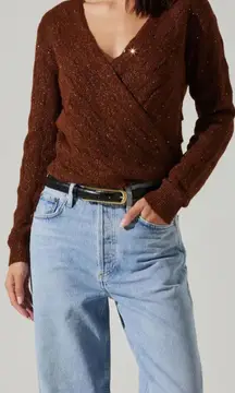 ASTR The Label Metallic Sequin Surplice Cable Stitch Sweater Copper Brown Medium