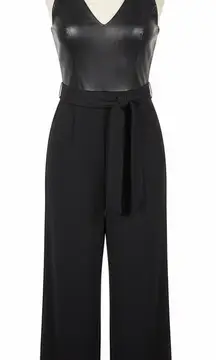 Calvin Klein Jumpsuit XS Black Faux Leather Wide Leg V-Neck Tie Waist Formal