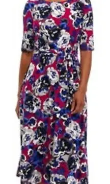 Kasper Floral Tie Waist Midi Dress Size 6 Pink Blue Gray Career Casual Feminine‎
