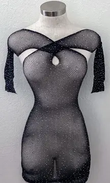 Sheer Star Rhinestones Fishnet Bodystocking Dress