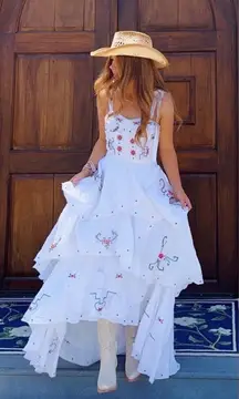 Fillyboo Cross Stitch Corset Maxi Dress Ruffle Ivory Linen Large EUC