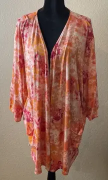 Cuddl Duds 3X Open Tie Dye Kimono Cardigan‎ Orange Pink Pockets Groovy Resort
