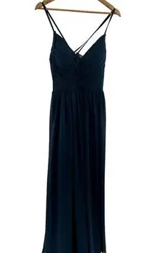 Azazie  Crystay Aline Pleated Chiffon Floor Length Dress Size A6 Navy Blue