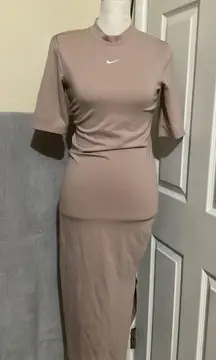 Nike Dress Womens S Essential Taupe Midi T-Shirt Bodycon Swoosh Mock Neck