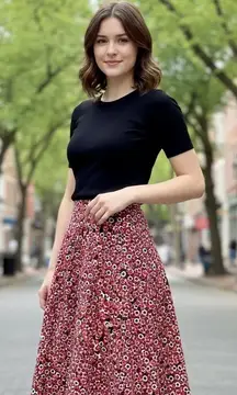 Cato Geometric Circle Print Skirt Womens Small Red Black Elastic Waist Midi Boho