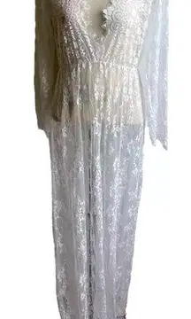 White Lace Long Sleeve Maxi Dress Peignoir Bridal Gown Boho Size Large Romanstii