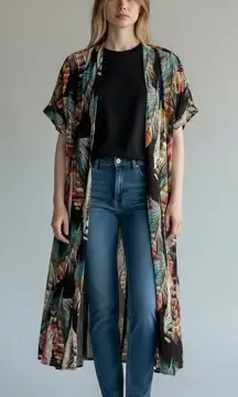 Umgee USA Feather Print Duster Kimono Cardigan Black Multi Color Size Medium