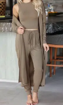 3pc Lounge wear Set Crop Top Joggers Pants Open Cardigan Taupe Neutral NOT SKIMS