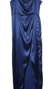 Lulus Navy Blue Satin Pleated Tulip Maxi Dress NWOT Size XL Wedding Guest Dress