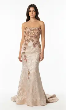 Terani Women’s Gown Champagne Gold Strapless Beaded Sweetheart Neckline size 18