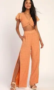 Lulu's Orange Striped Smocked Slit Wide-Leg Pants Size L NWT