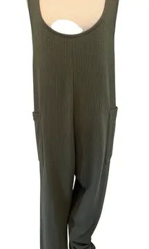 Waffle Knit Olive Green Overalls Jumpsuit Women's Size Medium Relaxed Fit