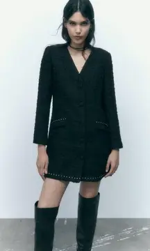 Studded Textured Tweed Blazer Dress Long Sleeve Mini Black Medium M