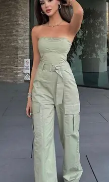 jumpsuit technical fabric cargo sleeveless wide streight leg light khaki