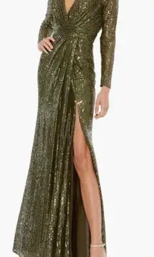 Mac Duggal  26490 Olive Green Long Sleeve Sequin Evening Gown Size 6