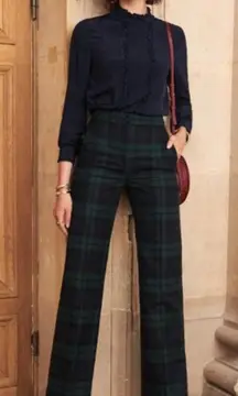 Sezane Martin Plaid Wool Blend Trousers Green Navy Wide Leg Size 4 Preppy