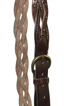 Brown Braided Leather Belt Studs Brass Buckle Women's M/L indie boho western