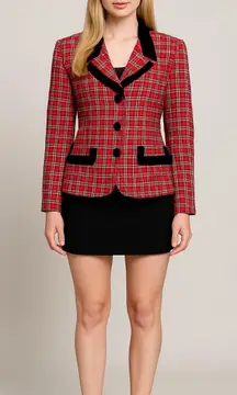Vintage Virgo Red and Black plaid Blazer Jacket with velvet trim and buttons