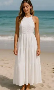NEW Lulus Cream Crochet Embroidered Halter Tiered Boho Maxi Dress Beach Bridal