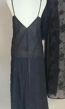 Valerie Stevens Black Sheer Floral Chemise & Robe Set, Size Small