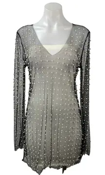 Beach Bunny Girl Gang Pearl Black Long Sleeve Mesh Sheer Tunic Cover Up Size M
