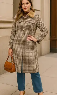 Trina Turk Tweed Wool Coat Faux Fur Collar w/ Vintage Buttons Pink Lining 10