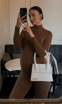 Bumpsuit The Gigi Mock Neck Long Sleeve Maternity Unitard Jumpsuit in Mocha