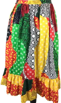 Vintage 70s Multicolor Patchwork Print Bright Midi Skirt Ruffle Small