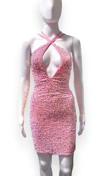 Velvet Sequin Bodycon Mini Halter Dress in Pink Sz XS