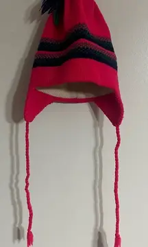Hi-Line‎ Knits 100% Wool Winter Hat Tassles On Top + Ear Cover Bright Pink
