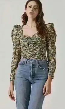 ASTR the Label Womens Tonina Blue Floral Ruched Blouse Top XL Bhfo