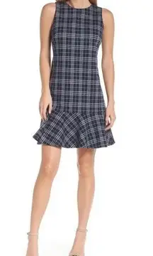 1901 Sleeveless Plaid Flounce Hem Sheath Dress Navy Blue Size 2