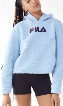 Urban Outfitters Fila Blue Teddy Sweatshirt Size Small Sherpa Hoodie Logo Crop