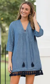 Rails blue chambray‎ denim tassel elena mini dress small boho southern vacation