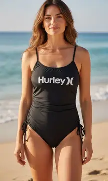 HURLEY Black White Logo Swimsuit One Piece Bathing Suit Size Large