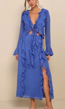 Lulus Destined to Stun Blue Chiffon Ruffled Top and Skirt Set