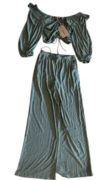 Listicle Olive Green Ruffle Two-Piece Set | Crop Top & Wide Leg Pants SZ‎ SMants