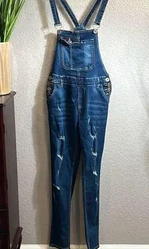 #200 T blue, jean distressed overalls, size juniors, medium