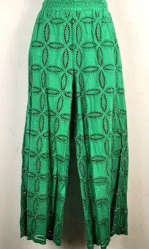 Ottod'Ame Green Eyelet Palazzo Pants Wide Leg Cutout Detail w/‎ Bloomers
