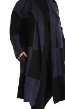 Joseph A. Buffalo Check Longline Duster Cardigan Blue Black